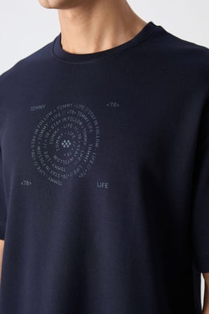 Lacivert Pamuklu Kalın Yumuşak Dokulu Oversize Fit Baskılı Erkek T-Shirt - 88324