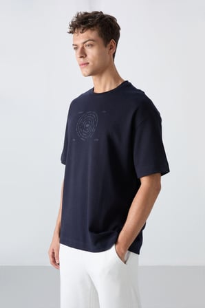 Lacivert Pamuklu Kalın Yumuşak Dokulu Oversize Fit Baskılı Erkek T-Shirt - 88324