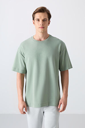 Açık Yeşil Pamuklu Kalın Yumuşak Dokulu Oversize Fit Baskılı Erkek T-Shirt - 88324