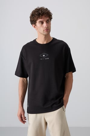 Siyah Pamuklu Kalın Yumuşak Dokulu Oversize Fit Baskılı Erkek T-Shirt - 88325 | XXL