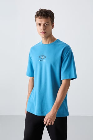 Petrol Mavi Pamuklu Kalın Yumuşak Dokulu Oversize Fit Baskılı Erkek T-Shirt - 88325 | L