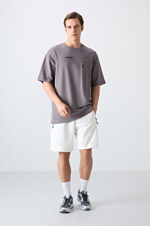 Koyu Gri Pamuklu Kalın Yumuşak Dokulu Oversize Fit Baskılı Erkek T-Shirt - 88326
