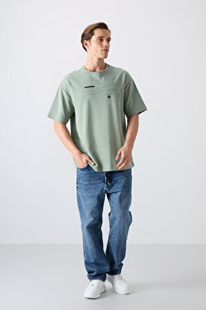 Açık Yeşil Pamuk Kalın Yumuşak Dokulu Oversize Fit Baskılı Erkek T-Shirt - 88326