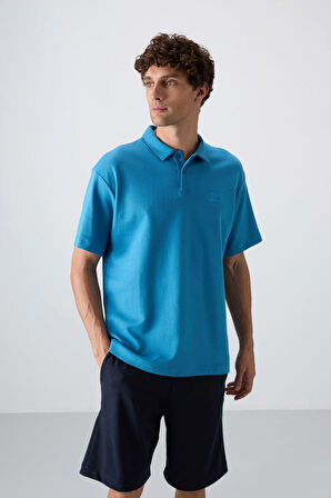 Petrol Mavi Pamuklu Kalın Yumuşak Dokulu Oversize Fit Basic Polo Yaka Erkek T-Shirt - 88327 | XL