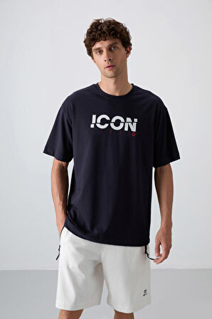 Lacivert Pamuklu Kalın Yumuşak Dokulu Oversize Fit Baskılı Erkek T-Shirt - 88331 | L