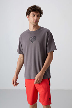 Koyu Gri Pamuklu Kalın Yumuşak Dokulu Oversize Fit Baskılı Erkek T-Shirt - 88333 | S