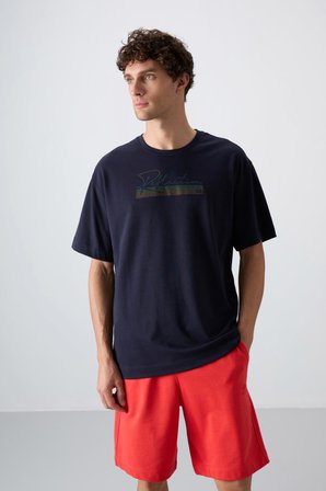 Lacivert Pamuklu Kalın Yumuşak Dokulu Oversize Fit Baskılı Erkek T-Shirt - 88334 | XXL