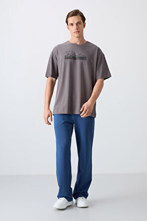 Koyu Gri Pamuklu Kalın Yumuşak Dokulu Oversize Fit Baskılı Erkek T-Shirt - 88334