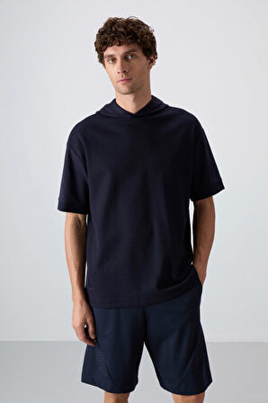 Lacivert Pamuklu Kalın Yüzeyi Dokulu Oversize Fit Basic Erkek T-Shirt - 88335 | L