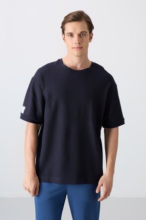 Lacivert Pamuklu Kalın Yüzeyi Dokulu Oversize Fit Basic Erkek T-Shirt - 88339 | XXL