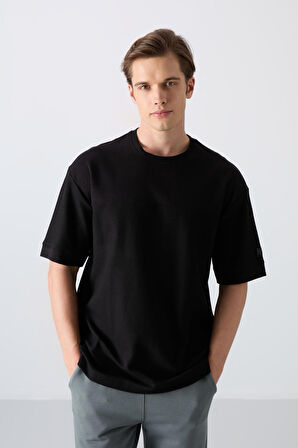 Siyah Pamuklu Kalın Yüzeyi Dokulu Oversize Fit Basic Erkek T-Shirt - 88340 | XXL