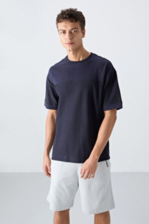 Lacivert Pamuklu Kalın Yüzeyi Dokulu Oversize Fit Basic Erkek T-Shirt - 88340 | M