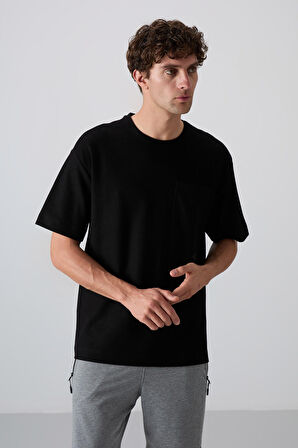 Siyah Pamuklu Kalın Yüzeyi Dokulu Oversize Fit Basic Erkek T-Shirt - 88341 | L