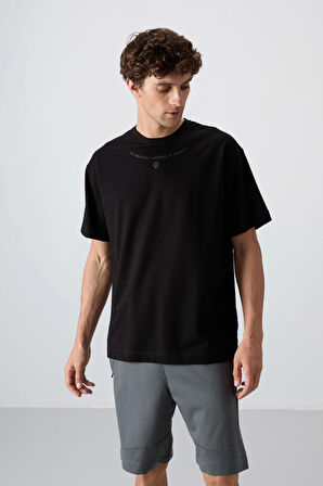 Siyah Pamuklu Kalın Yumuşak Dokulu Oversize Fit Baskılı Erkek T-Shirt - 88343 | L