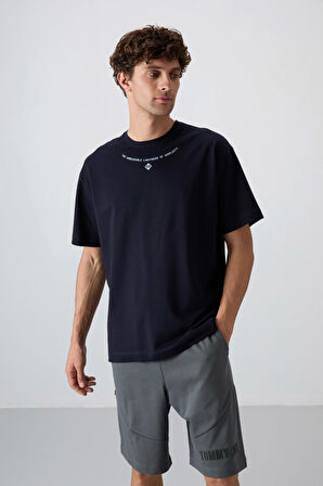 Lacivert Pamuklu Kalın Yumuşak Dokulu Oversize Fit Baskılı Erkek T-Shirt - 88343 | L