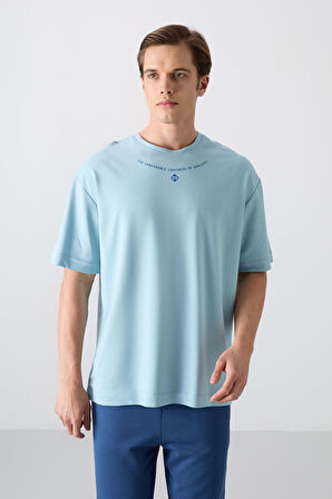 Açık Mavi Pamuklu Kalın Yumuşak Dokulu Oversize Fit Baskılı Erkek T-Shirt - 88343 | S