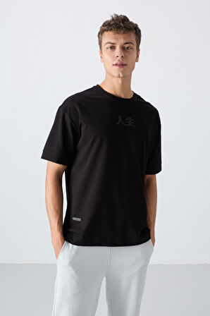 Siyah Pamuklu Kalın Yumuşak Dokulu Oversize Fit Baskılı Erkek T-Shirt - 88342 | XXL