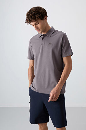 Koyu Gri Pamuklu Kalın Yumuşak Dokulu Standart Fit Basic Polo Yaka Erkek T-Shirt - 88348 | S