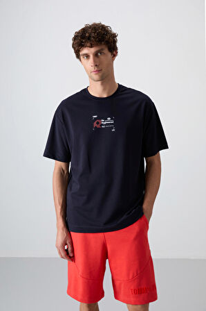 Lacivert Pamuklu Kalın Yumuşak Dokulu Oversize Fit Baskılı Erkek T-Shirt - 88350 | M
