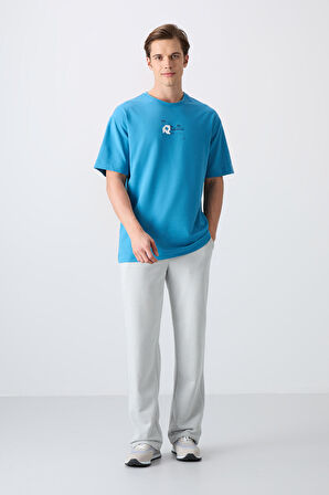 Petrol Mavi Pamuklu Kalın Yumuşak Dokulu Oversize Fit Baskılı Erkek T-Shirt - 88350