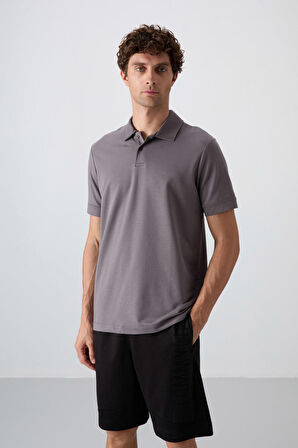 Koyu Gri Pamuklu Kalın Yumuşak Dokulu Standart Fit Basic Polo Yaka Erkek T-Shirt - 88351 | XXL