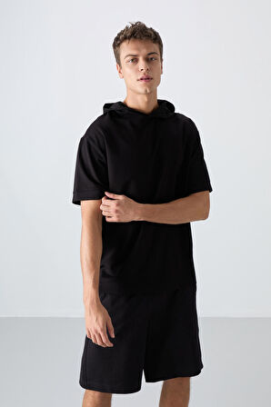 Siyah Pamuklu Kalın Yumuşak Dokulu Oversize Fit Basic Erkek T-Shirt - 88352 | L