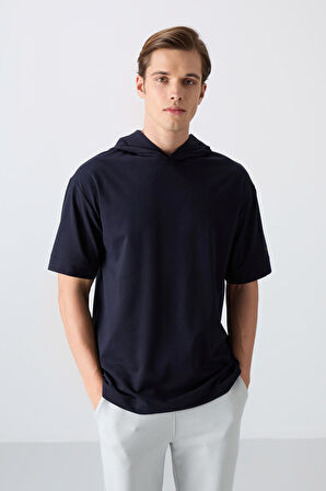 Lacivert Pamuklu Kalın Yumuşak Dokulu Oversize Fit Basic Erkek T-Shirt - 88352 | L