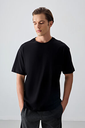 Siyah %100 Pamuk Kalın Yumuşak Dokulu Oversize Fit Basic Erkek T-Shirt - 88353