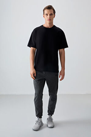 Siyah %100 Pamuk Kalın Yumuşak Dokulu Oversize Fit Basic Erkek T-Shirt - 88353