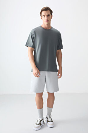 Haki %100 Pamuk Kalın Yumuşak Dokulu Oversize Fit Basic Erkek T- Shirt - 88353 | L