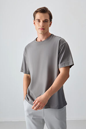 Koyu Gri %100 Pamuk Kalın Yumuşak Dokulu Oversize Fit Basic Erkek T-Shirt - 88353