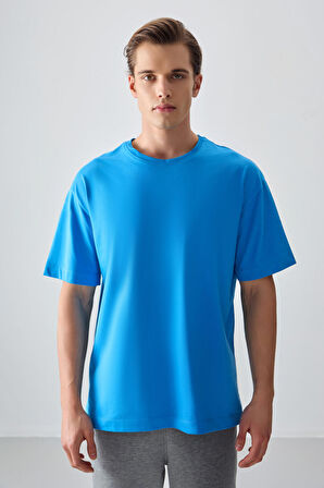 Petrol Mavi %100 Pamuk Kalın Yumuşak Dokulu Oversize Fit Basic Erkek T-Shirt - 88353