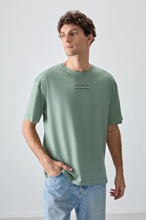 Açık Yeşil %100 Pamuk Kalın Yumuşak Dokulu Oversize Fit Baskılı Erkek T-Shirt - 88354 | XL