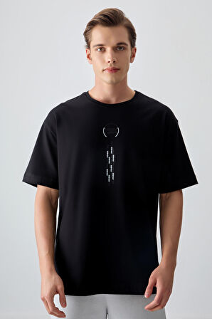 Siyah %100 Pamuk Kalın Yumuşak Dokulu Oversize Fit Baskılı Erkek T- Shirt - 88355 | XL