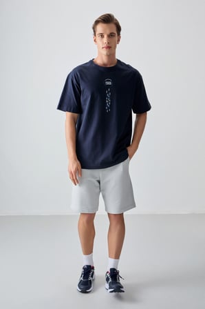 Lacivert %100 Pamuk Kalın Yumuşak Dokulu Oversize Fit Baskılı Erkek T- Shirt - 88355 | S