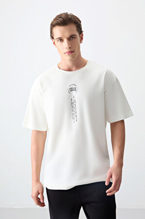 Ekru %100 Pamuk Kalın Yumuşak Dokulu Oversize Fit Baskılı Erkek T- Shirt - 88355 | L