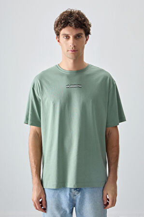 Açık Yeşil %100 Pamuk Kalın Yumuşak Dokulu Oversize Fit Baskılı Erkek T-Shirt - 88355 | M