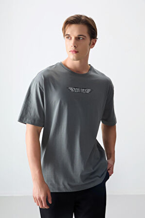 Haki %100 Pamuk Kalın Yumuşak Dokulu Oversize Fit Baskılı Erkek T- Shirt - 88356 | M