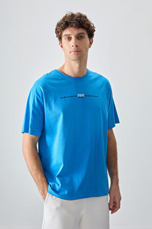 Petrol Mavi %100 Pamuk Kalın Yumuşak Dokulu Oversize Fit Baskılı Erkek T- Shirt - 88357 | S