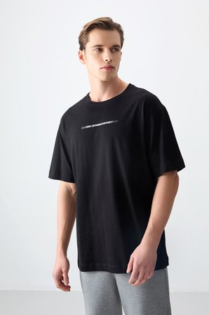 Siyah %100 Pamuk Kalın Yumuşak Dokulu Oversize Fit Baskılı Erkek T- Shirt - 88358 | XL
