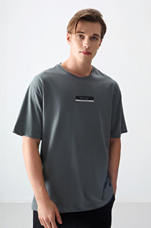 Haki %100 Pamuk Kalın Yumuşak Dokulu Oversize Fit Baskılı Erkek T- Shirt - 88359 | L