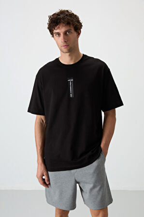 Siyah %100 Pamuk Kalın Yumuşak Dokulu Oversize Fit Baskılı Erkek T-Shirt - 88360