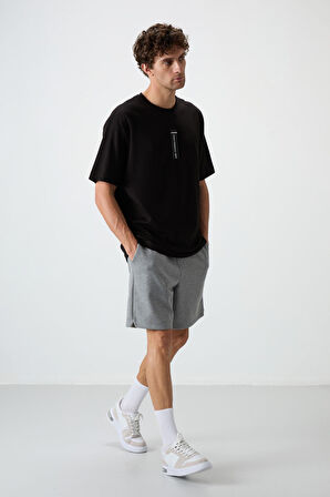 Siyah %100 Pamuk Kalın Yumuşak Dokulu Oversize Fit Baskılı Erkek T-Shirt - 88360