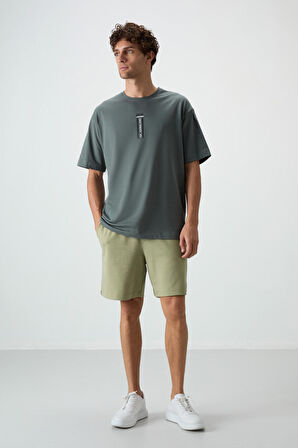 Haki %100 Pamuk Kalın Yumuşak Dokulu Oversize Fit Baskılı Erkek T-Shirt - 88360