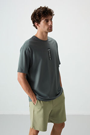 Haki %100 Pamuk Kalın Yumuşak Dokulu Oversize Fit Baskılı Erkek T-Shirt - 88360
