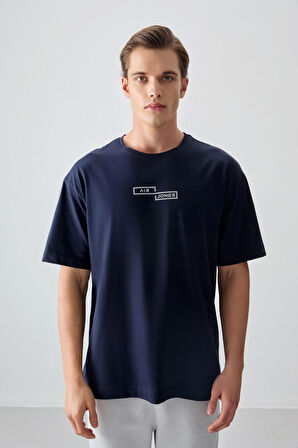 Lacivert %100 Pamuk Kalın Yumuşak Dokulu Oversize Fit Baskılı Erkek T- Shirt - 88361 | M
