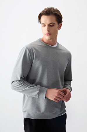 Gri Melanj Pamuk Dokulu Standart Fit Basic Erkek Sweatshirt - 88363 | XL