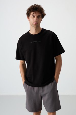 Siyah Pamuklu Kalın Yüzeyi Dokulu Oversize Fit  Baskılı Erkek T-Shirt - 88364 | L