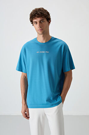 Petrol Mavi Pamuklu Kalın Yüzeyi Dokulu Oversize Fit  Baskılı Erkek T-Shirt - 88364