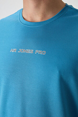 Petrol Mavi Pamuklu Kalın Yüzeyi Dokulu Oversize Fit  Baskılı Erkek T-Shirt - 88364